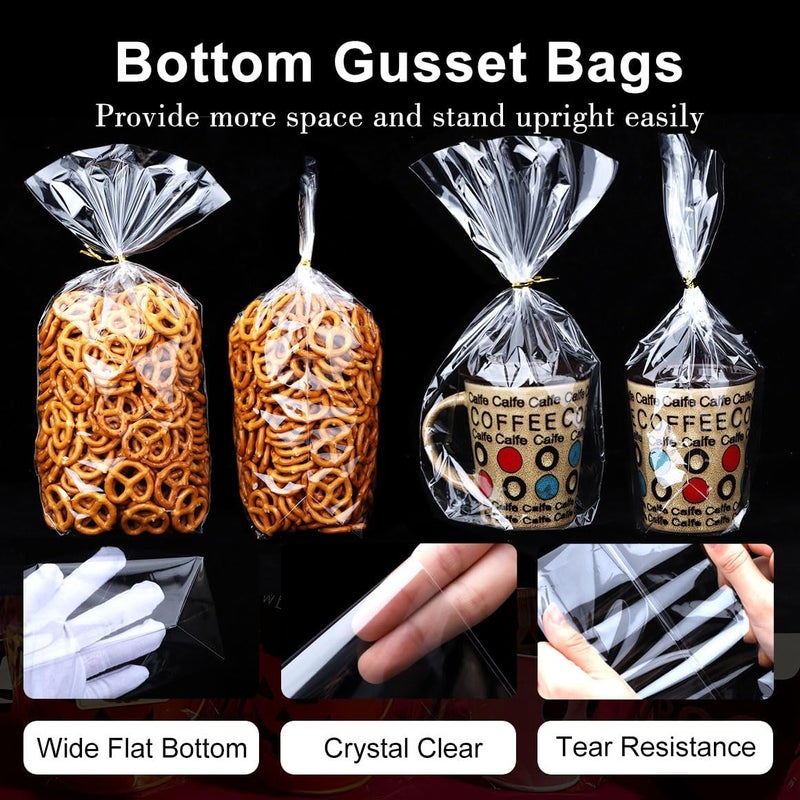 ZIMCEMS 50Pcs 7X12 inch Bottom Gusset Bags Clear Cellophane Gift Bags Plastic Gift Wrap Cello Bags for Party Favor Treats, Goodie,Bakery Cookie, Candy with5 Twist Ties - Image 3